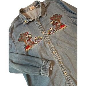 Bobbie Brooks  Embroidered Denim Button Up Shirt Teacher Apples Bears Size XL